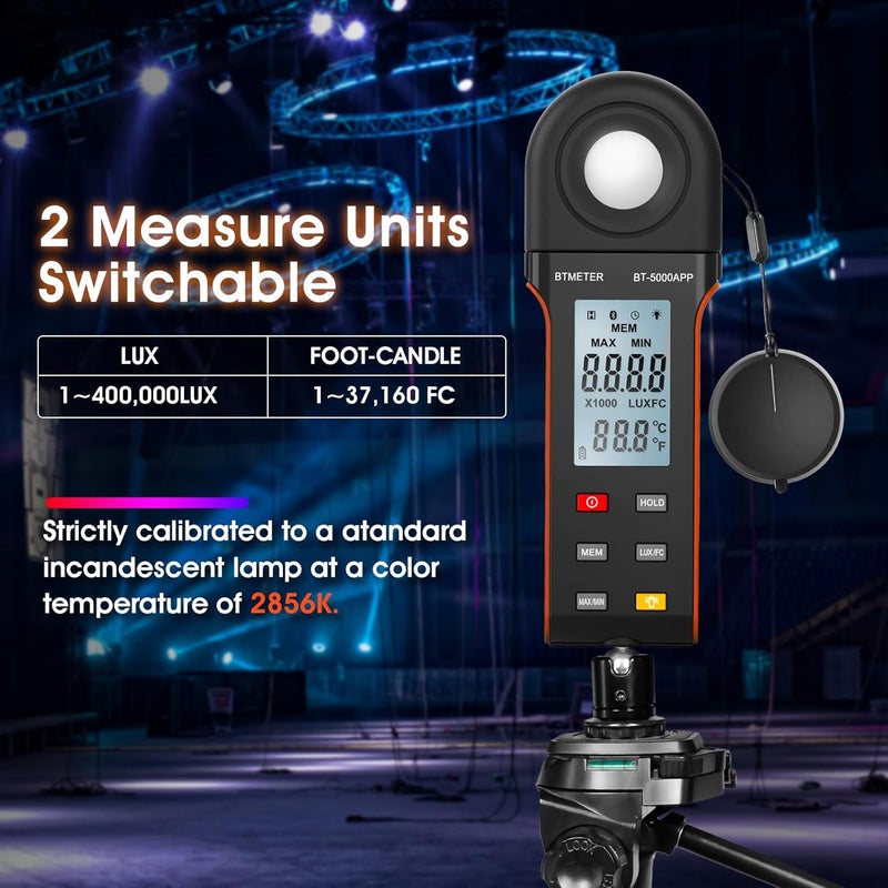 BTMETER Illuminance Light Meter w/Bluetooth - Digital Lumen Tester Measure Lighting Level Intensity 1~400,000 Lux(Foot Candle 1~37,160) Luxometer with 270º Rotated Sensor Data Logging for Plants Grow - Image 4
